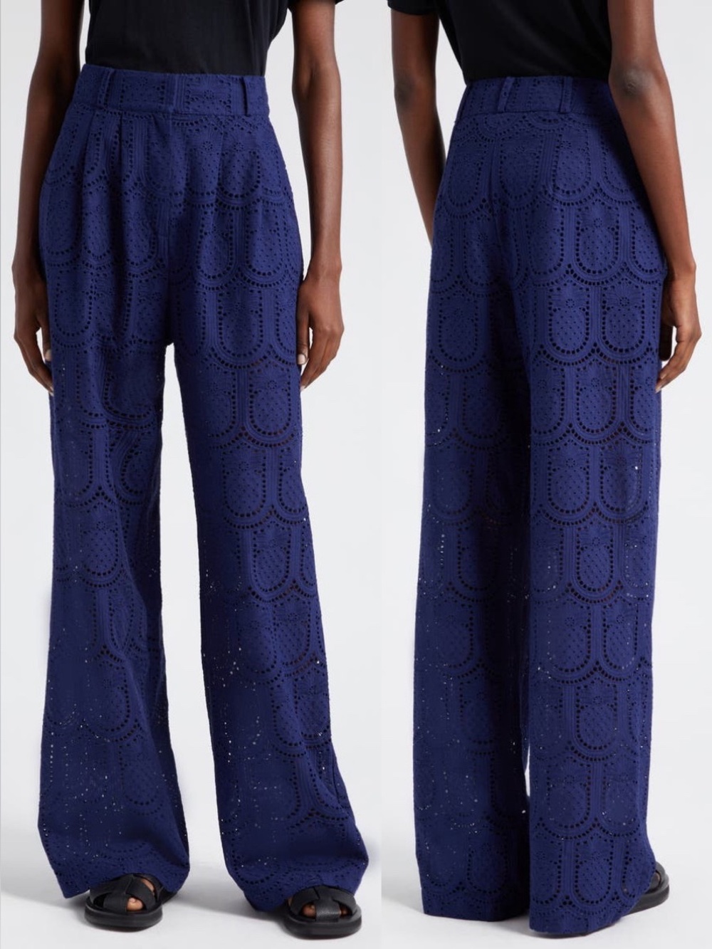 Farm Rio Pineapple Eyelet High Waist Wide Leg Pants Navy Blue Medium NWT